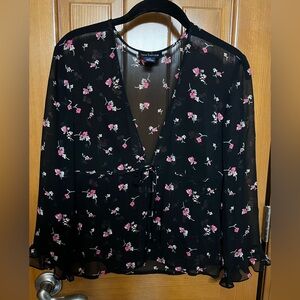 Ann Taylor Black Sheer Blouse with Pink Floral Design